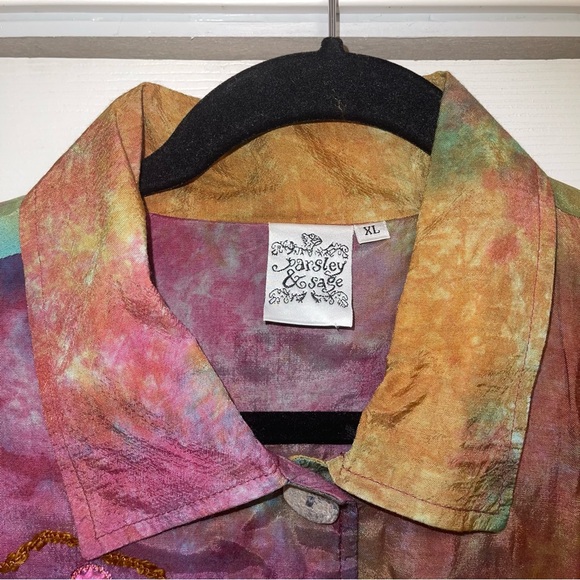 Parsley & Sage Tie Dye Long Sleeve Button Embroidered Lagenlook Artsy Boho XL - Picture 3 of 14